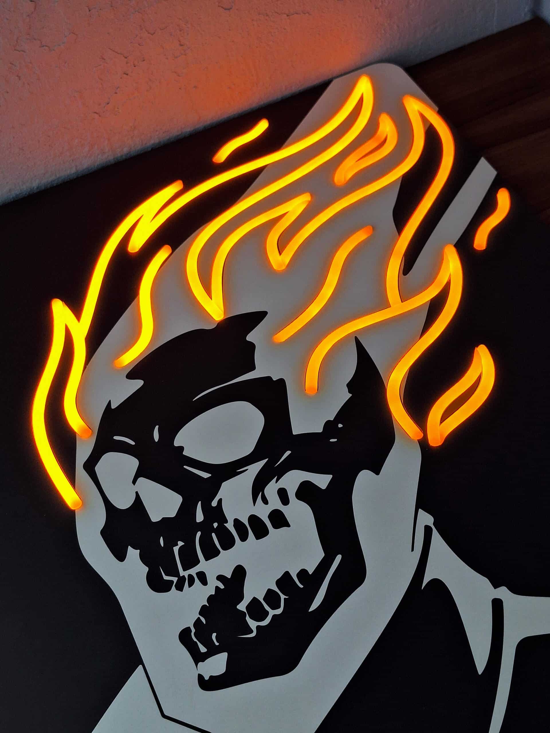 Unleash the spirit of vengeance with this Ghost Rider neon sign. A stunning LED wall art piece for Marvel fans, collectors, and lovers of bold decor.
