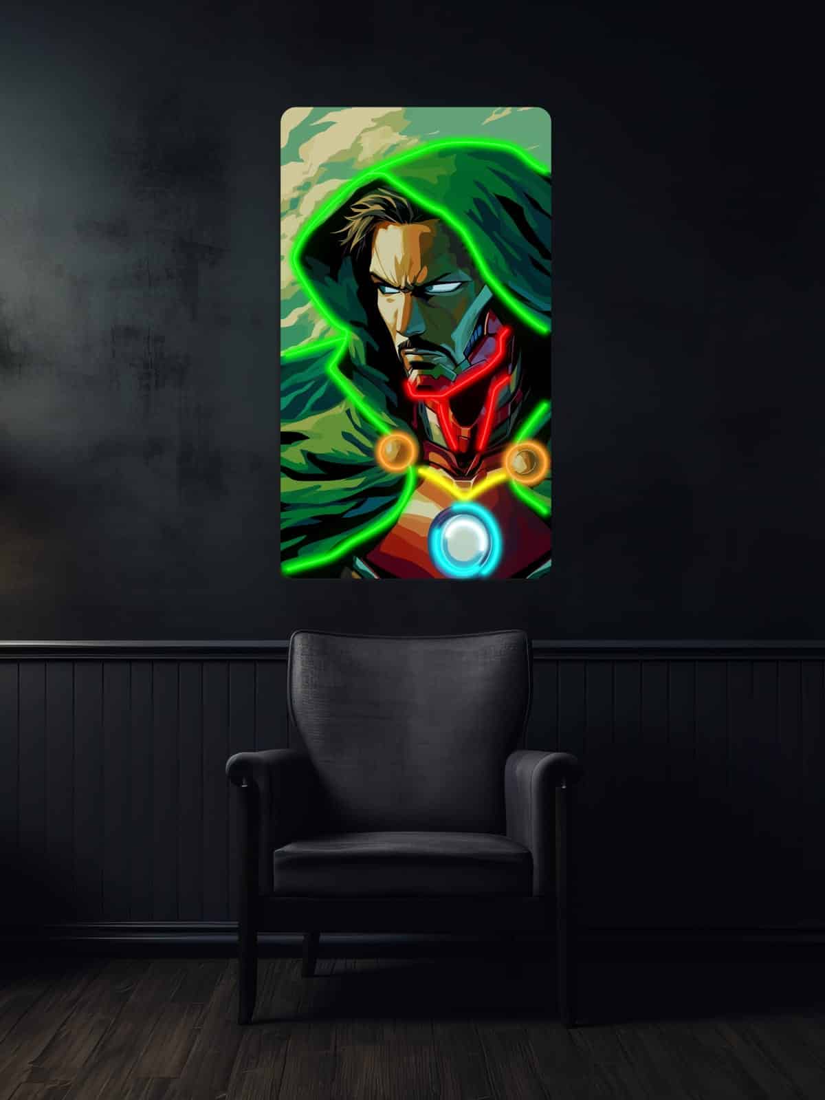 Iron Doom neon sign - unique LED wall art fusing Tony Stark and Doctor Doom. Bright elements blend Iron Man's tech with Doom's magic for striking visual impact. Perfect for Marvel fans and futuristic neon art enthusiasts.