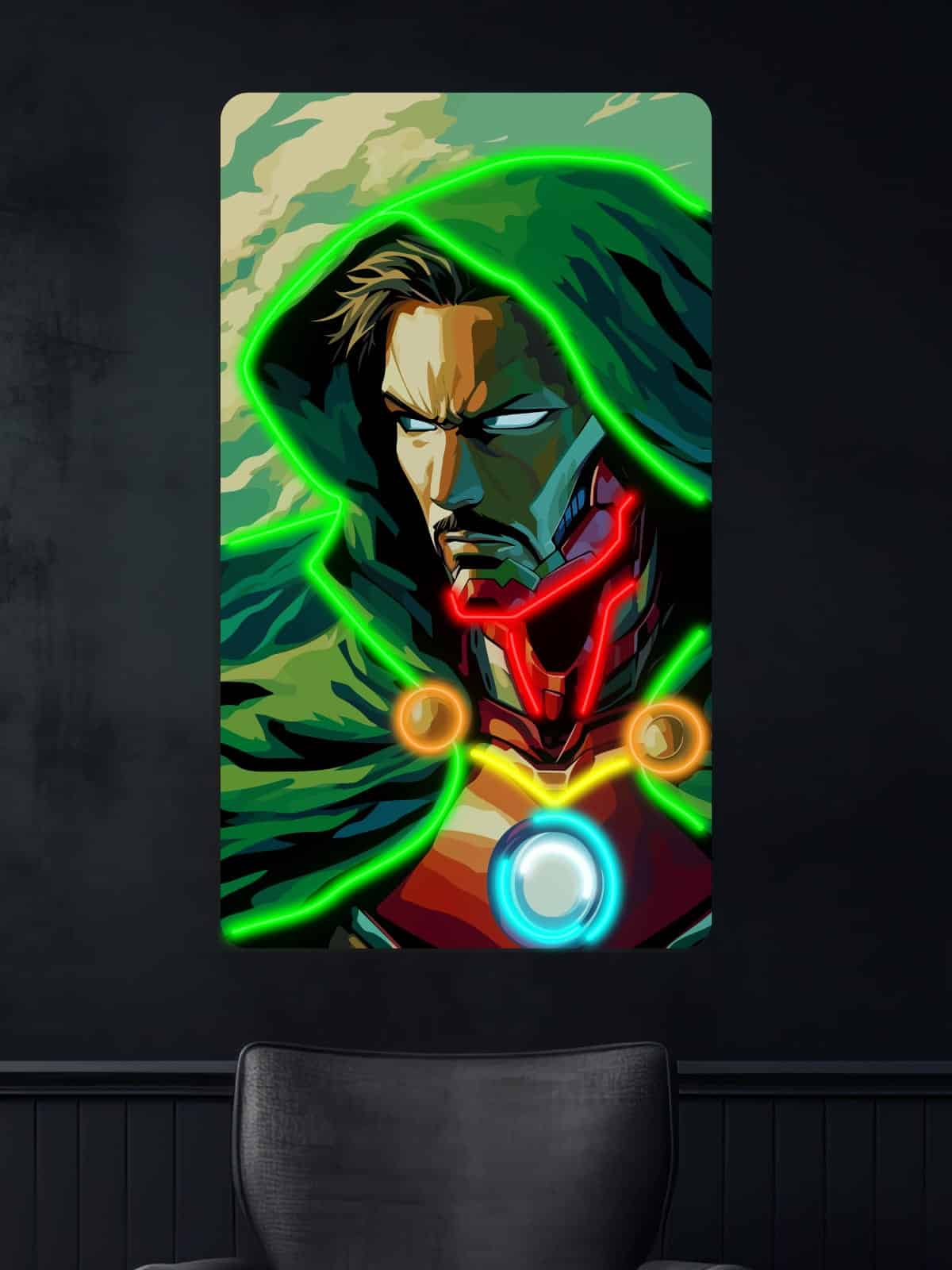 Iron Doom neon sign - unique LED wall art fusing Tony Stark and Doctor Doom. Bright elements blend Iron Man's tech with Doom's magic for striking visual impact. Perfect for Marvel fans and futuristic neon art enthusiasts.