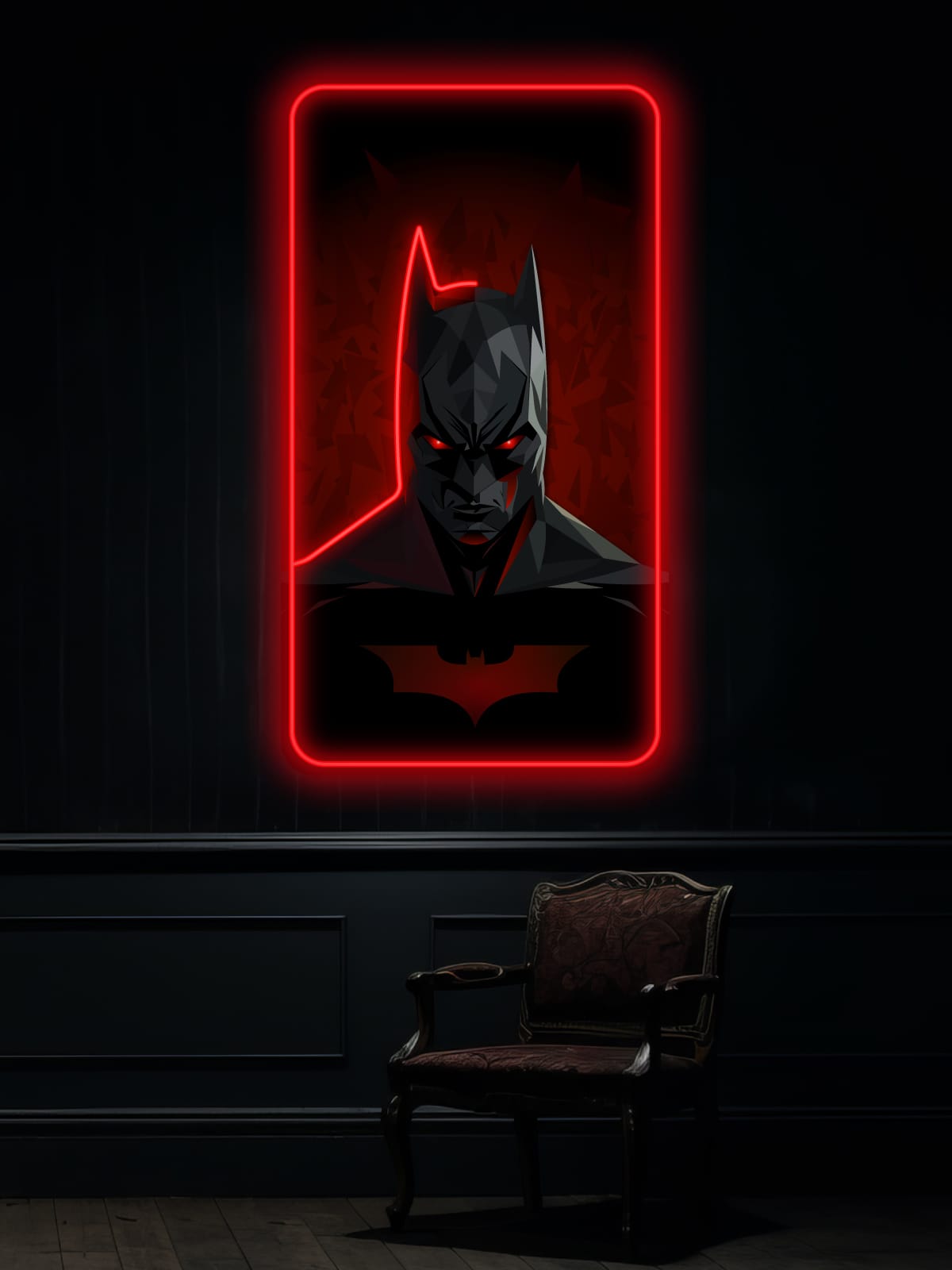 The Dark Batman neon sign is a striking fusion of Gotham’s brooding protector and futuristic neon aesthetics. With bold red LED illumination accentuating his silhouette, this piece exudes power, mystery, and the essence of the Dark Knight. Perfect for DC fans, gamers, and lovers of bold wall art.