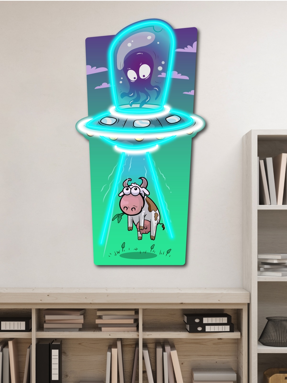 "Milky Way Home" - unique LED neon art featuring an alien abducting a cow. Vibrant blue and green glow creates a cosmic portal effect. Perfect gift for sci-fi lovers, neon enthusiasts, and quirky home decor fans.