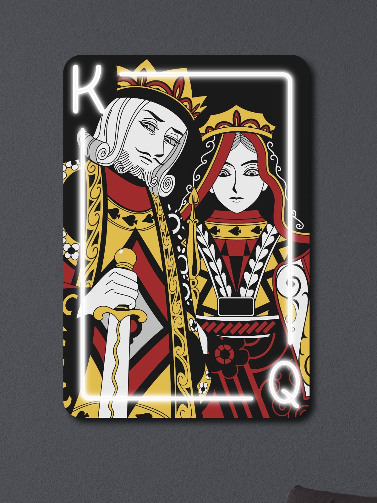 Bold and vibrant neon wall art featuring a King and Queen from classic playing cards. Perfect for modern interiors, gaming rooms, and lovers of unique handmade artwork.