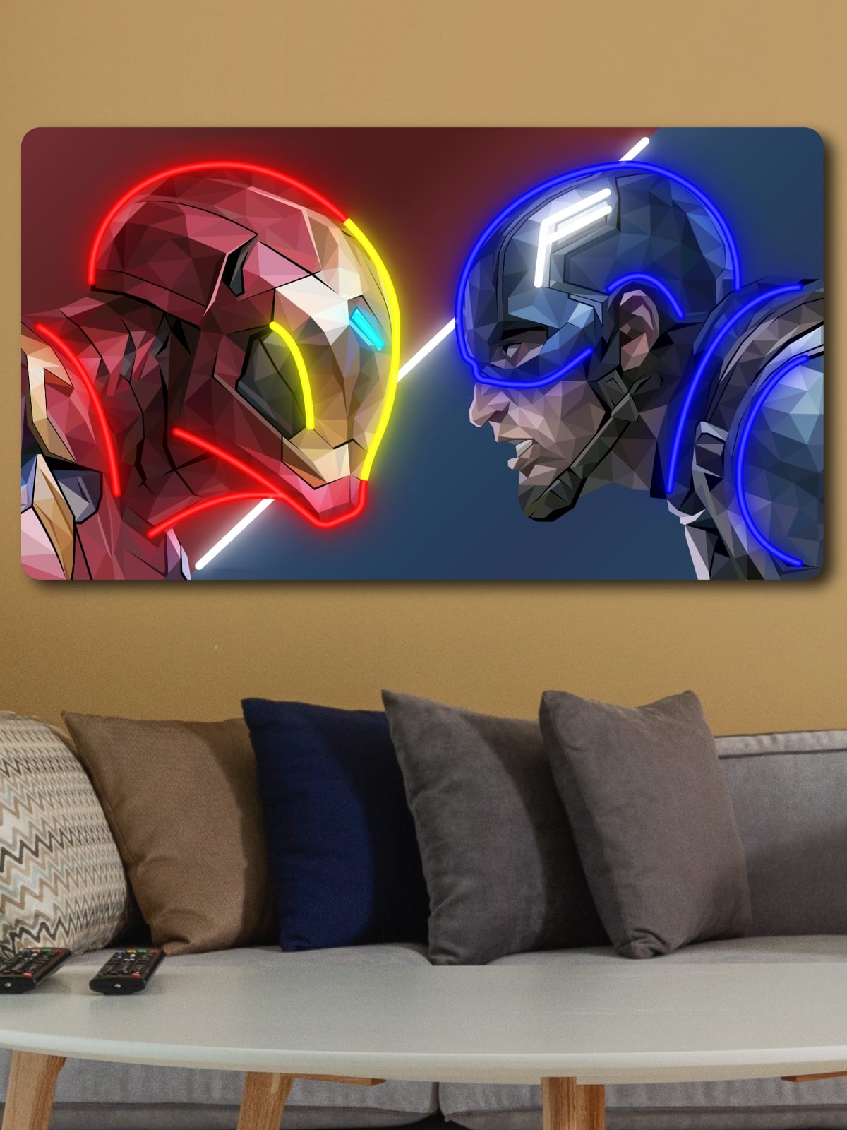Neon artwork featuring Iron Man and Captain America in low poly style. A unique art piece with backlighting for Marvel fans, geeks, and interior decor enthusiasts.
