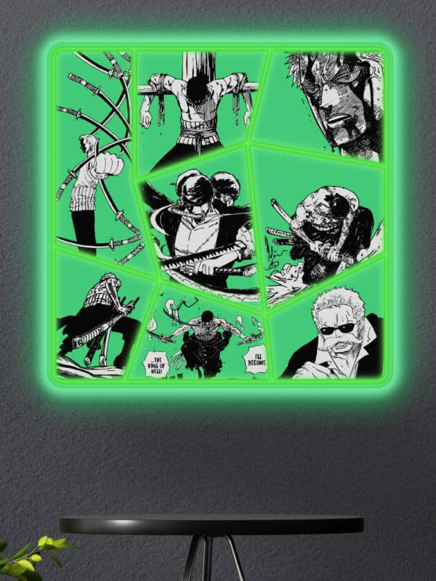 Neon artwork featuring Roronoa Zoro from One Piece. Perfect for anime fans and collectors. Stylish lighting, manga-style, and unique wall art for your space.
