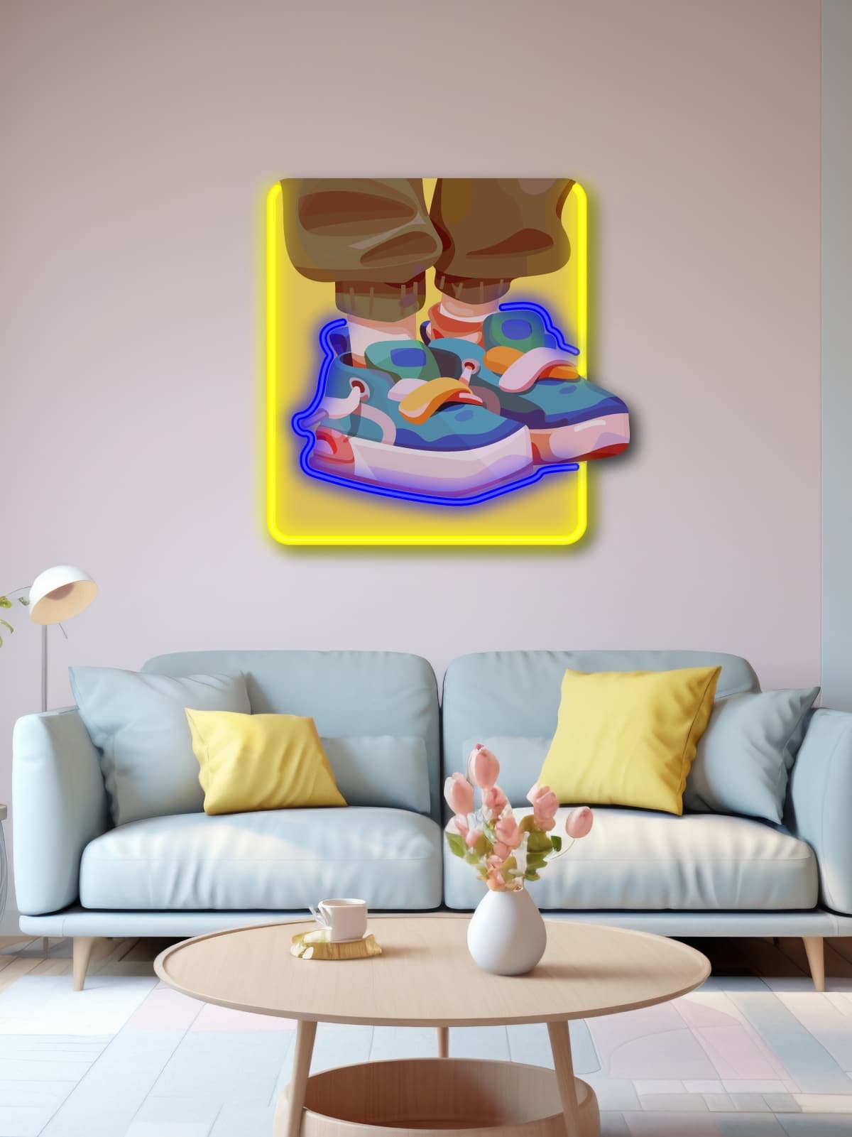 Stylish "Sneakers" neon art for streetwear lovers. LED wall decor with vibrant neon accents. Perfect for sneakerheads, hip-hop fans, and urban culture enthusiasts. Trendy illuminated artwork for modern spaces.