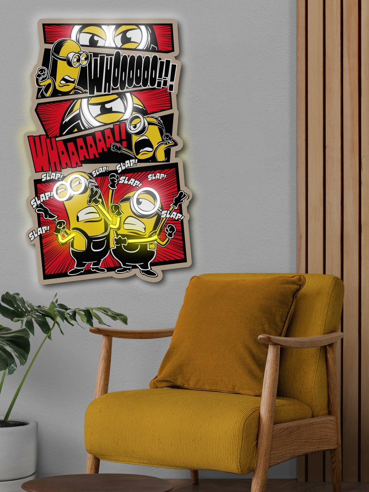 Exclusive Minions Comic LED Wall Art - Transform your space with this playful animated wall decor featuring the iconic yellow characters in comic strip style. Perfect for animation fans and kids' rooms!