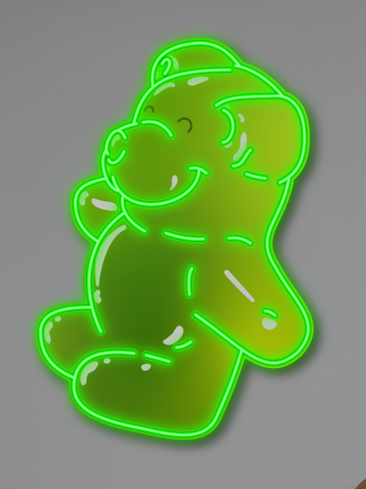 Embrace the sweet nostalgia of candy culture with this Green “Gummy Bear” neon artwork. A must-have LED wall piece for candy lovers, retro enthusiasts, and those who appreciate bold, playful decor with vibrant color impact.