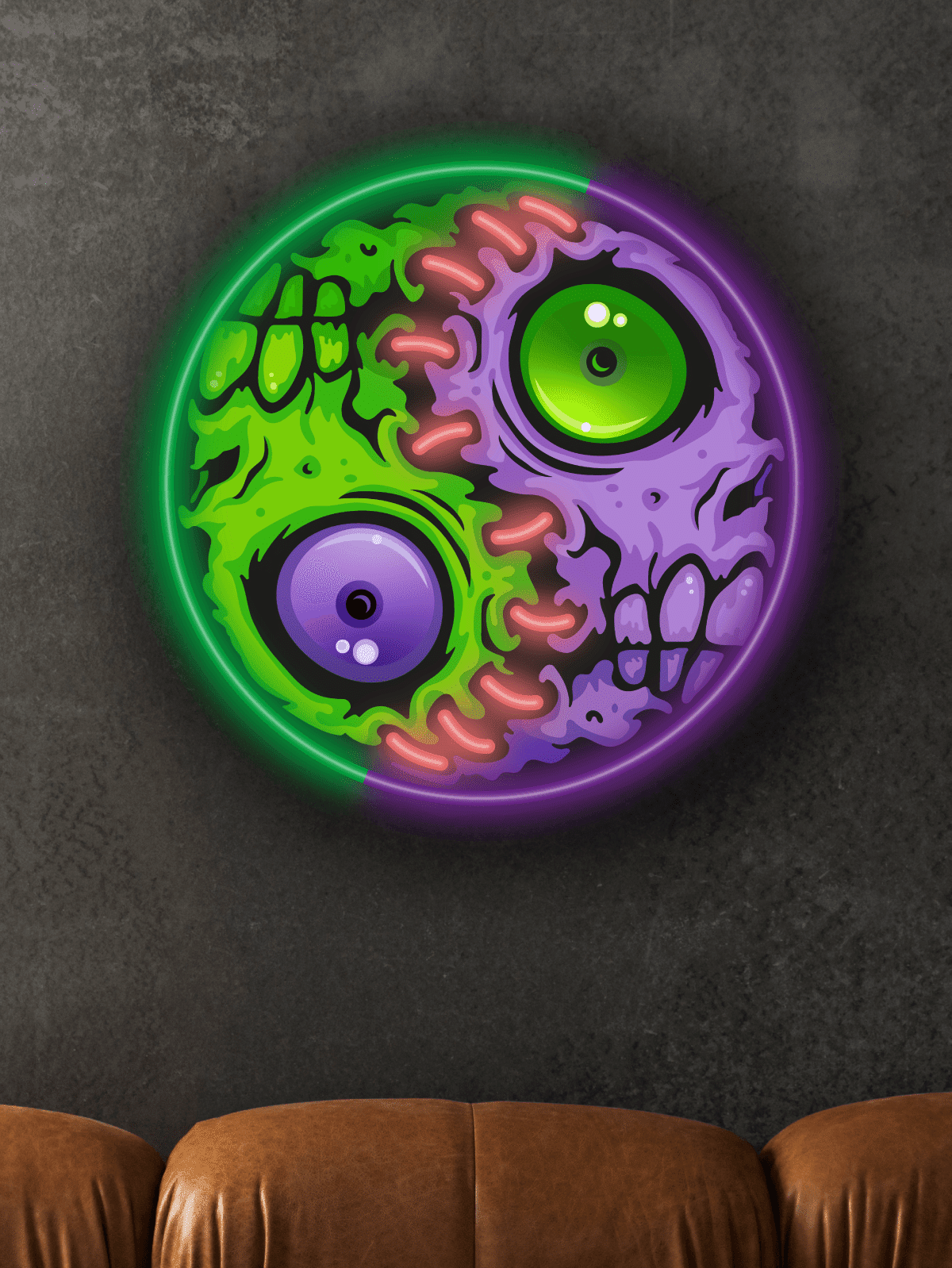 Horrible Balance Neon Artwork – unique horror-style LED art featuring stitched zombies. Purple and green neon lighting creates a chilling visual of decay and reanimation. Perfect for horror fans and unique wall decor enthusiasts.