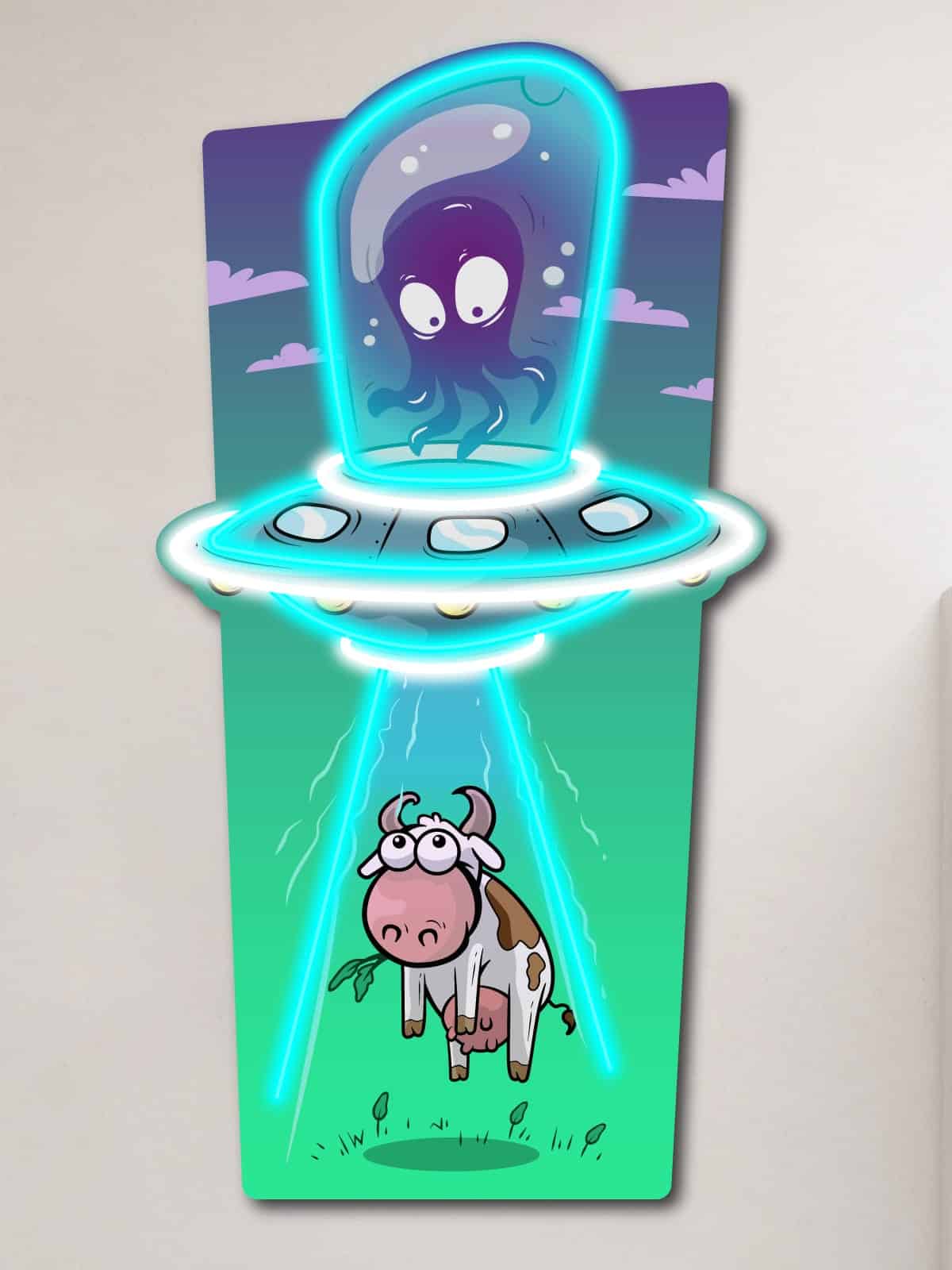 "Milky Way Home" - unique LED neon art featuring an alien abducting a cow. Vibrant blue and green glow creates a cosmic portal effect. Perfect gift for sci-fi lovers, neon enthusiasts, and quirky home decor fans.