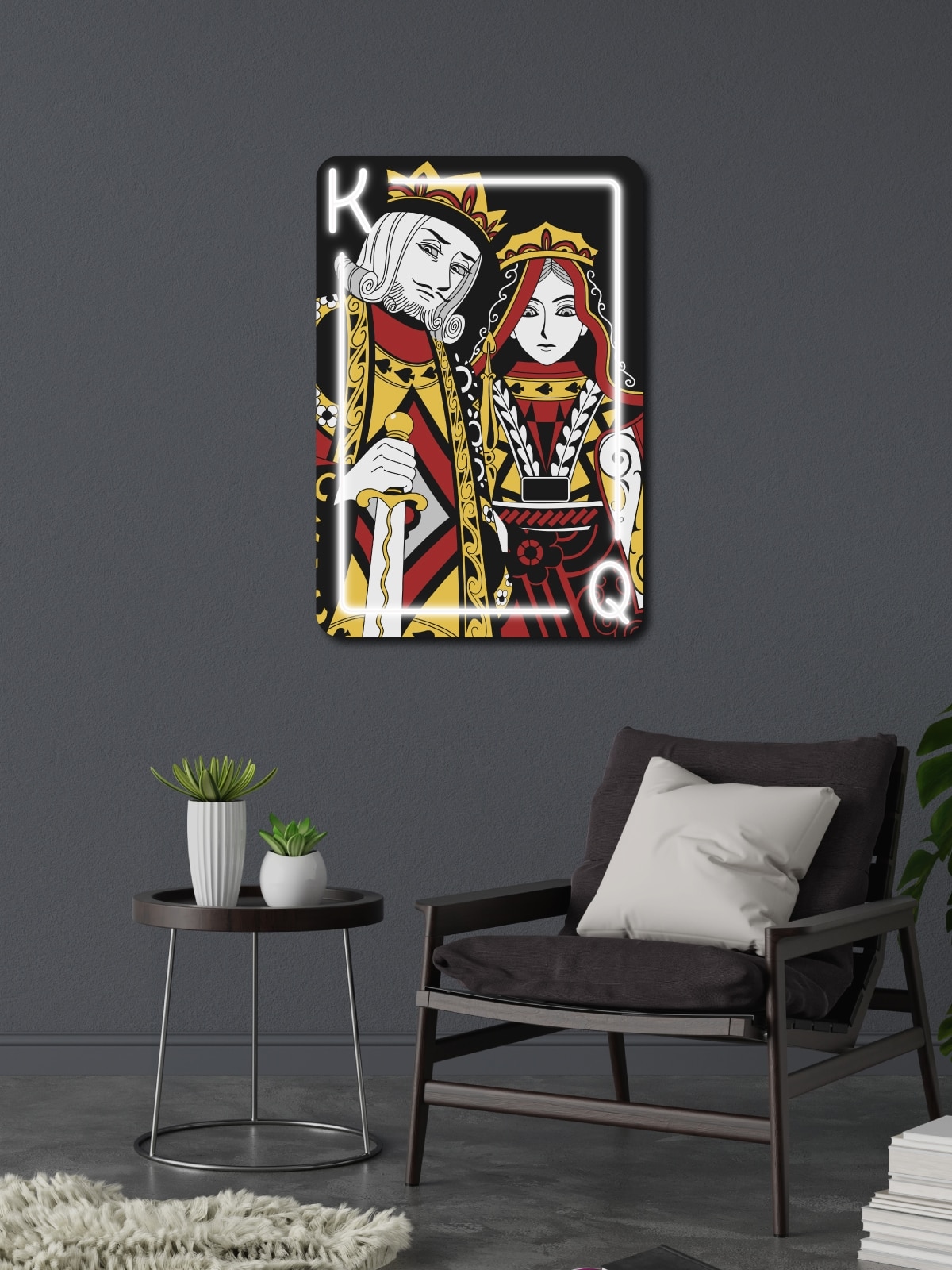 Bold and vibrant neon wall art featuring a King and Queen from classic playing cards. Perfect for modern interiors, gaming rooms, and lovers of unique handmade artwork.