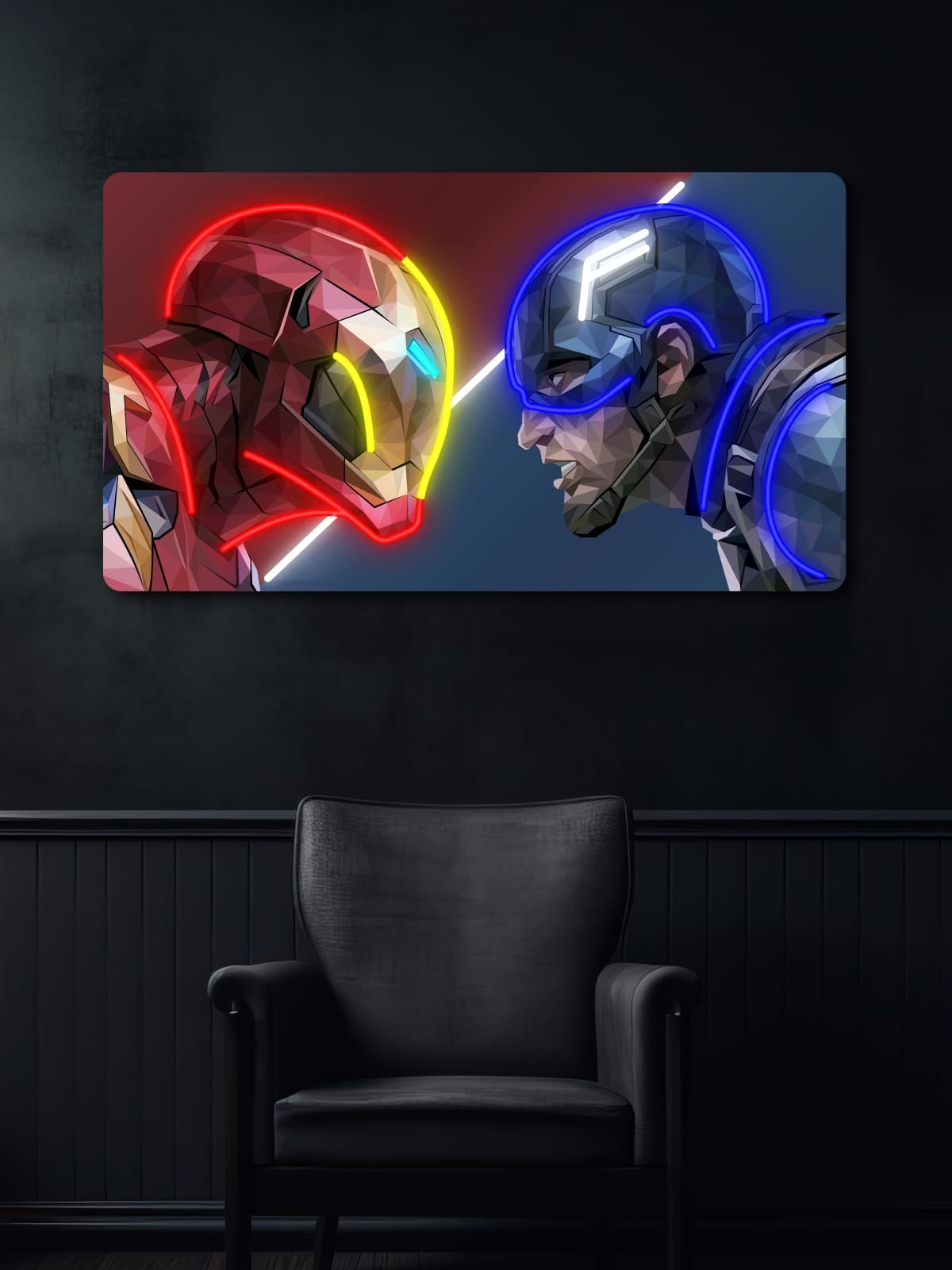 Neon artwork featuring Iron Man and Captain America in low poly style. A unique art piece with backlighting for Marvel fans, geeks, and interior decor enthusiasts.