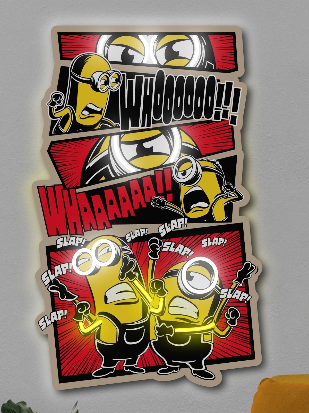 Exclusive Minions Comic LED Wall Art - Transform your space with this playful animated wall decor featuring the iconic yellow characters in comic strip style. Perfect for animation fans and kids' rooms!