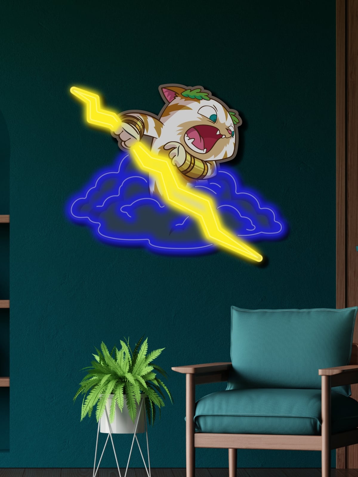 Exclusive Zeus Cat Neon Art – stunning wall decoration featuring a lightning-wielding cat with clouds. Perfect LED lighting for cat lovers and modern decor enthusiasts. Transform your interior!