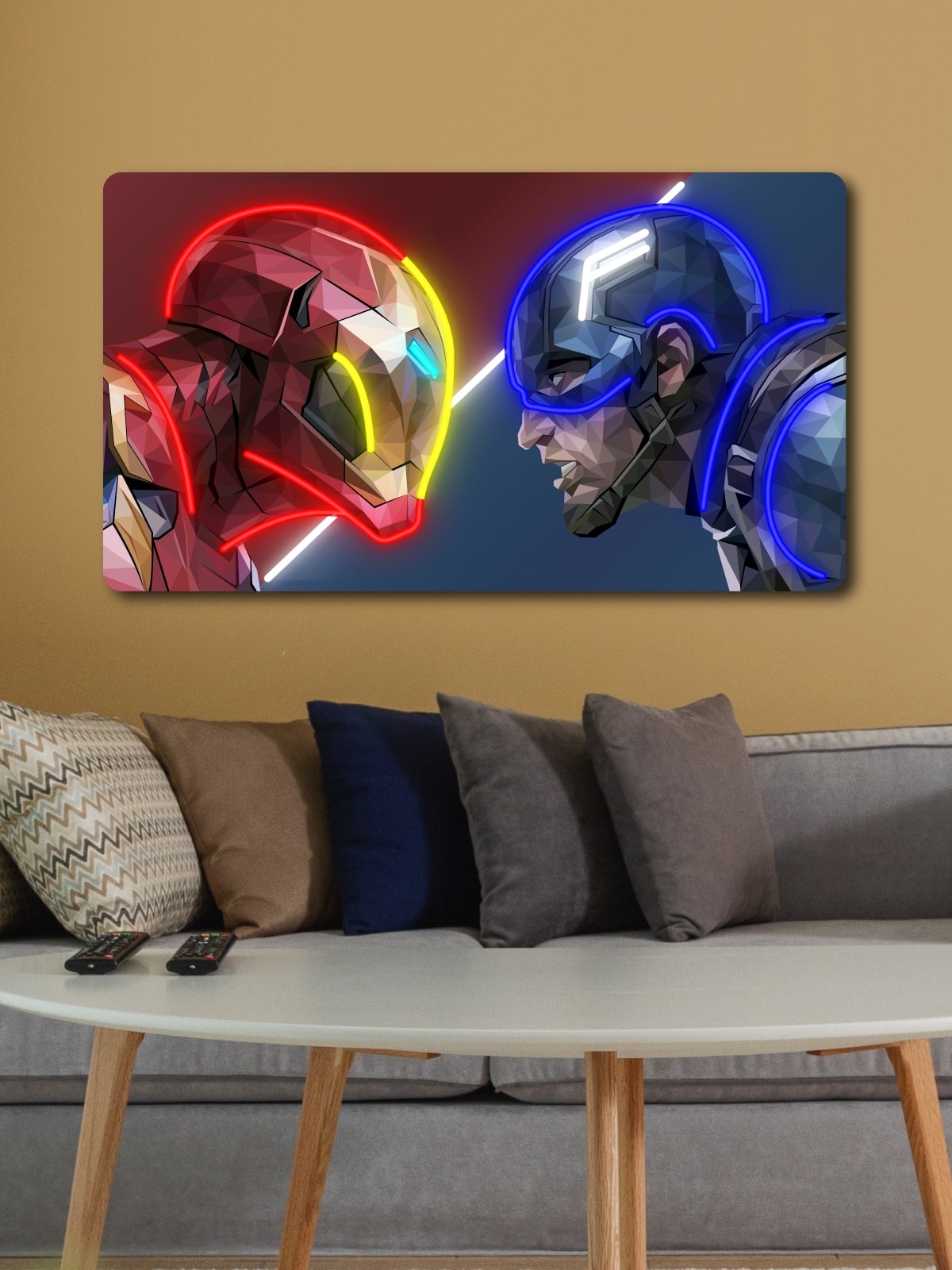 Neon artwork featuring Iron Man and Captain America in low poly style. A unique art piece with backlighting for Marvel fans, geeks, and interior decor enthusiasts.