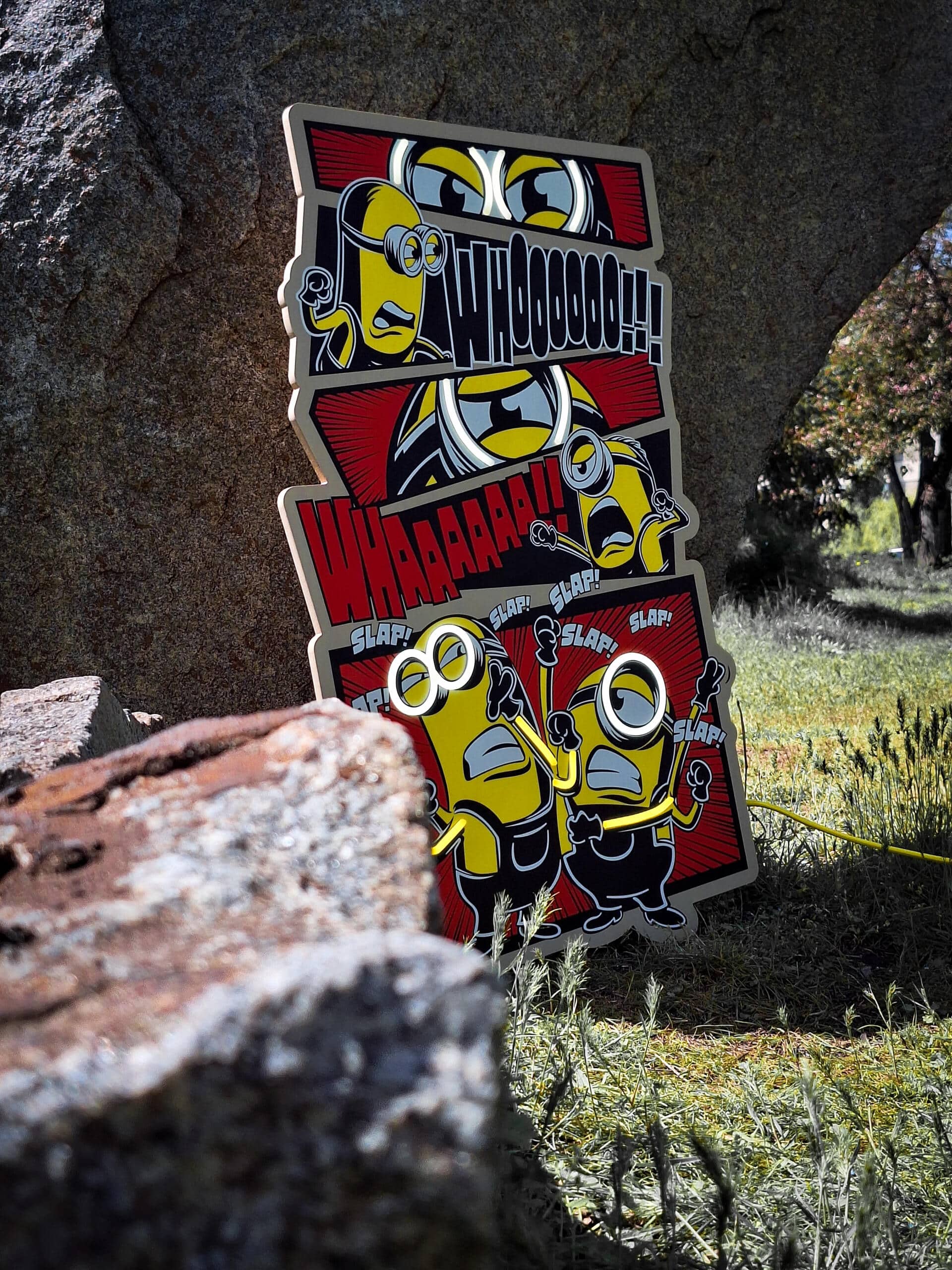 Exclusive Minions Comic LED Wall Art - Transform your space with this playful animated wall decor featuring the iconic yellow characters in comic strip style. Perfect for animation fans and kids' rooms!