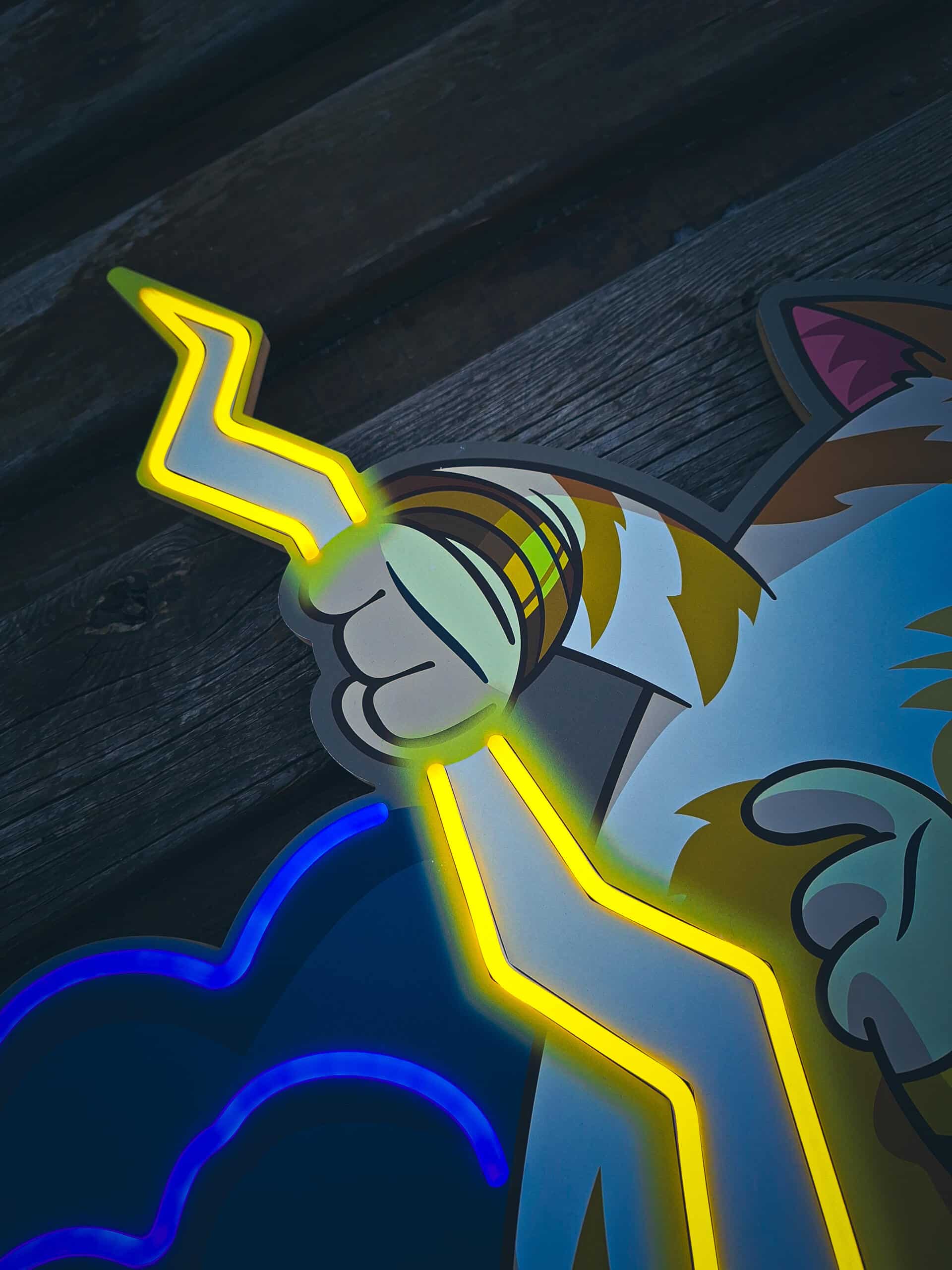 Exclusive Zeus Cat Neon Art – stunning wall decoration featuring a lightning-wielding cat with clouds. Perfect LED lighting for cat lovers and modern decor enthusiasts. Transform your interior!