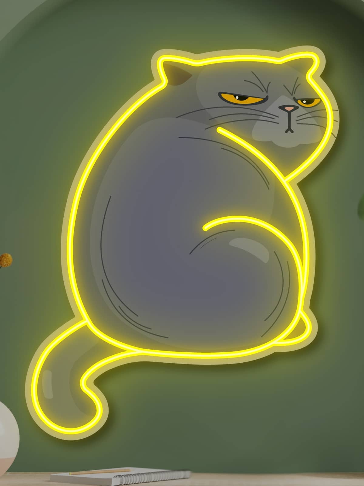 Stylish "The Zen Master" Neon Art - bright wall decoration featuring a calm cat with yellow glow. Perfect for cat lovers and modern decor enthusiasts. Create a cozy atmosphere in your home!