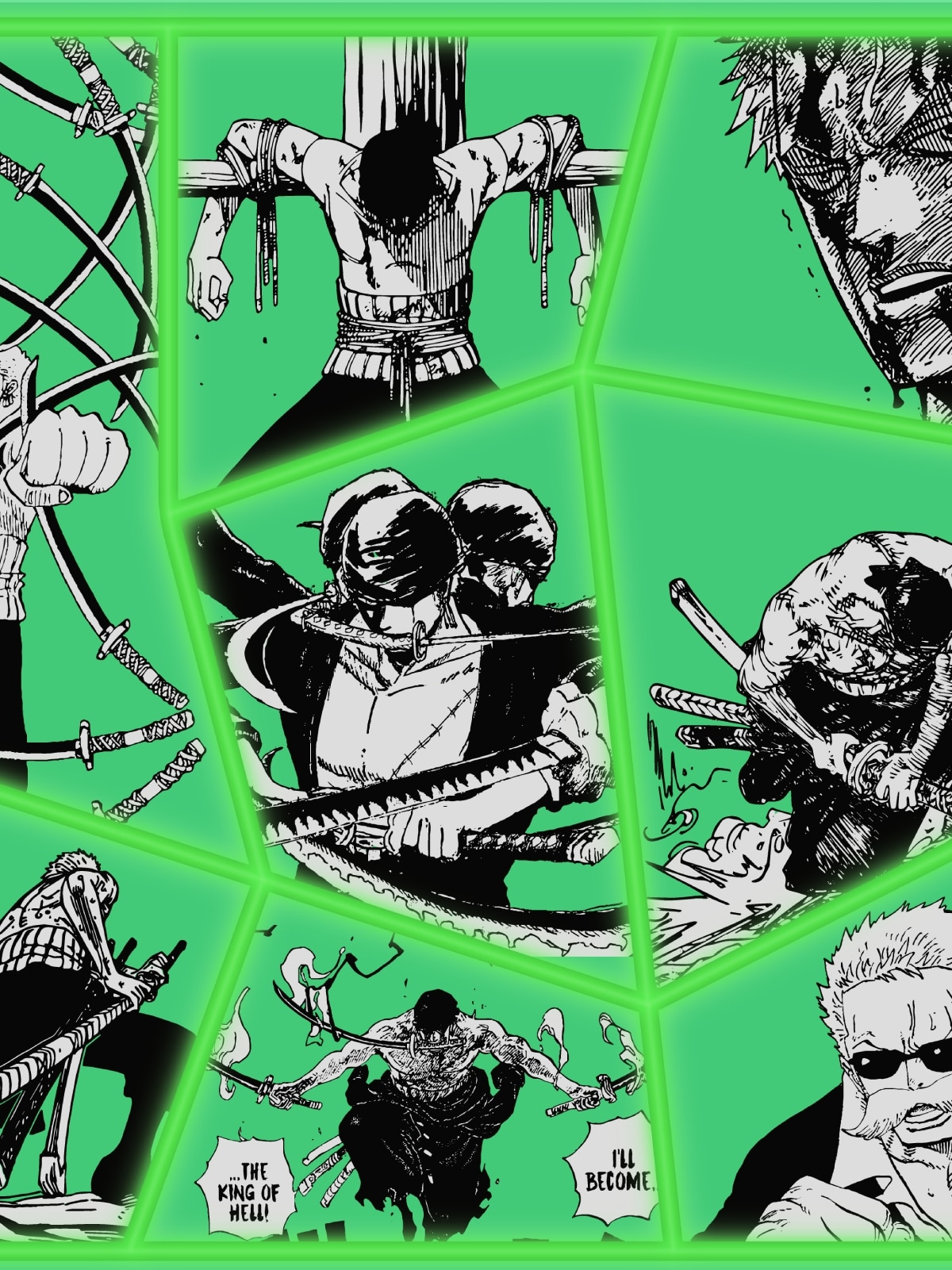 Neon artwork featuring Roronoa Zoro from One Piece. Perfect for anime fans and collectors. Stylish lighting, manga-style, and unique wall art for your space.