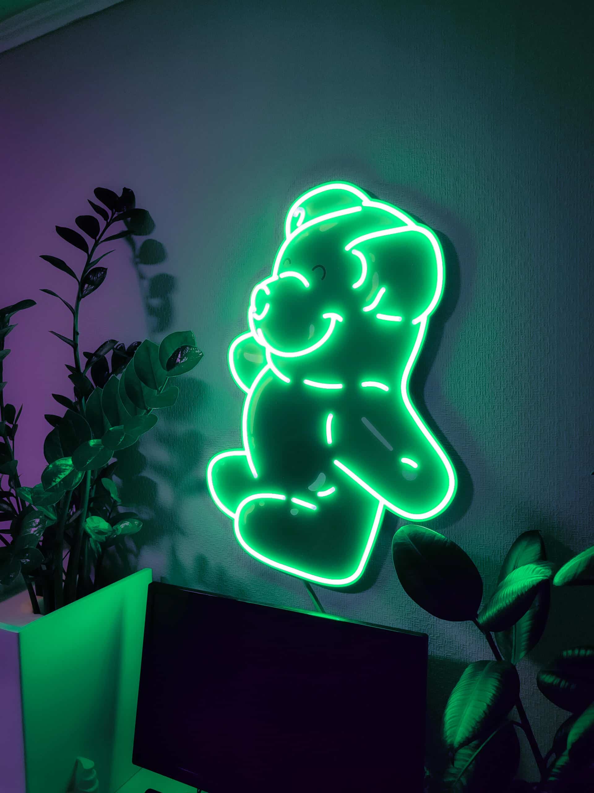 Embrace the sweet nostalgia of candy culture with this Green “Gummy Bear” neon artwork. A must-have LED wall piece for candy lovers, retro enthusiasts, and those who appreciate bold, playful decor with vibrant color impact.