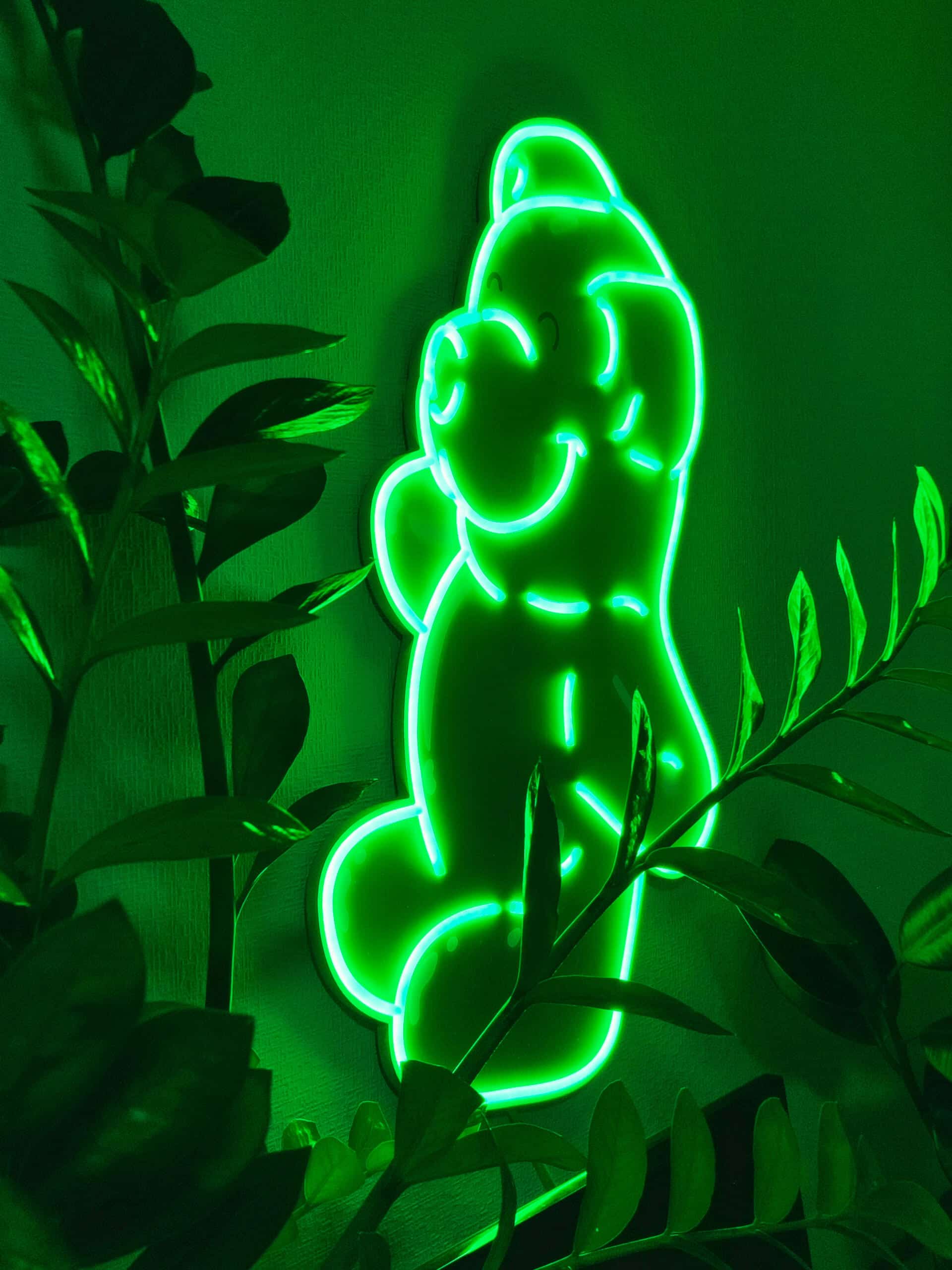 Embrace the sweet nostalgia of candy culture with this Green “Gummy Bear” neon artwork. A must-have LED wall piece for candy lovers, retro enthusiasts, and those who appreciate bold, playful decor with vibrant color impact.