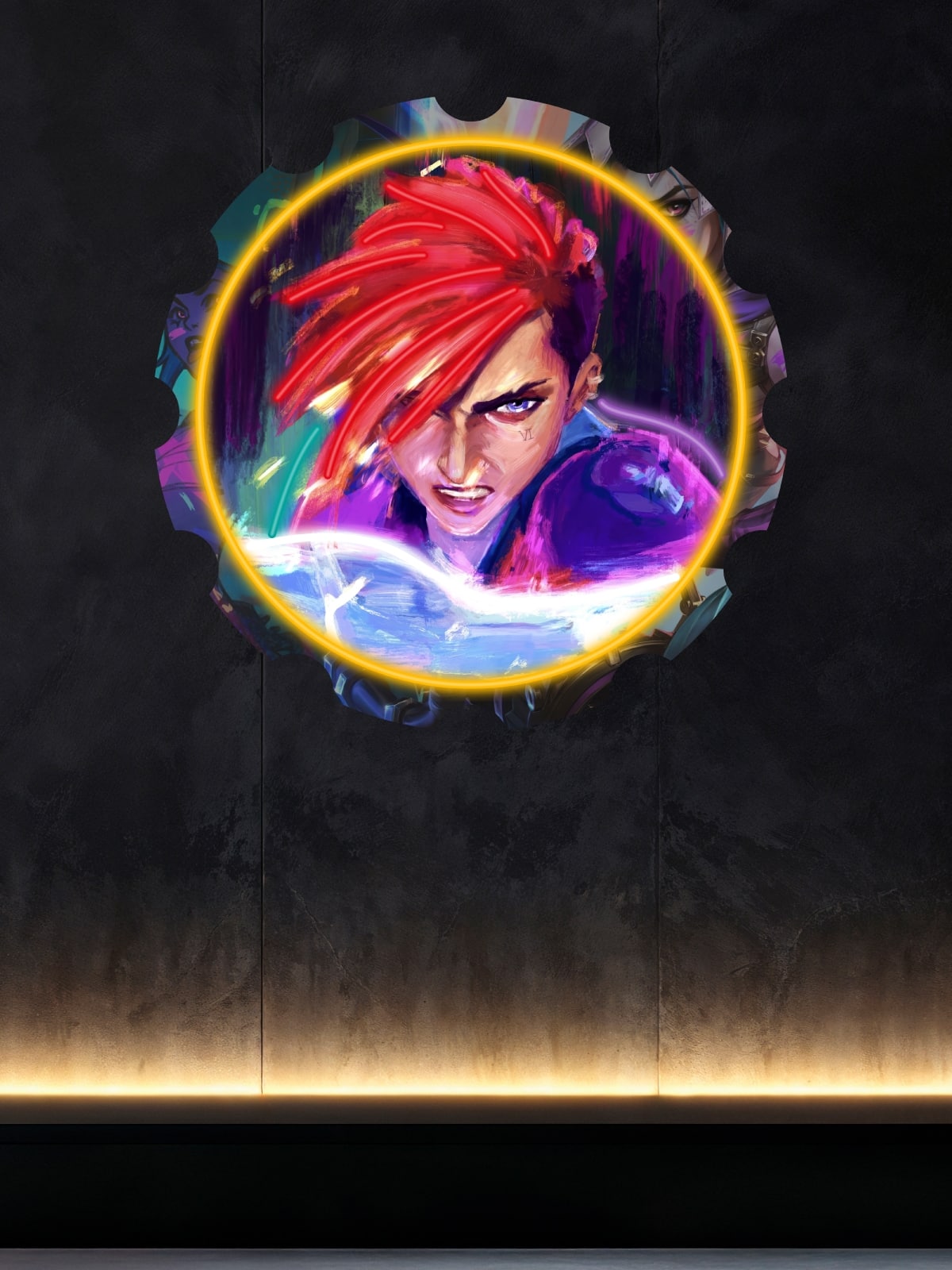 Vi neon art from Arcane. Powerful wall decor for gaming rooms, League of Legends fans, and lovers of bold neon aesthetics. Built for impact and made to inspire.