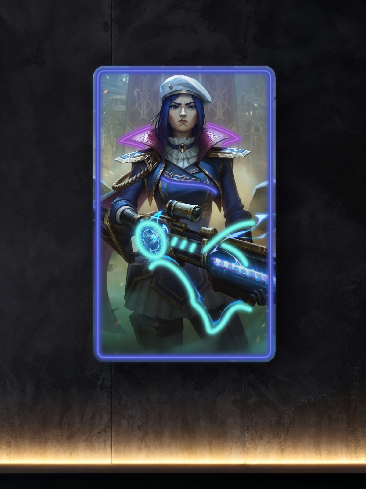 Neon wall art of Caitlyn from Arcane. A perfect choice for League of Legends fans and neon decor lovers. Cyberpunk vibe, premium quality, and sharp design for modern interiors.