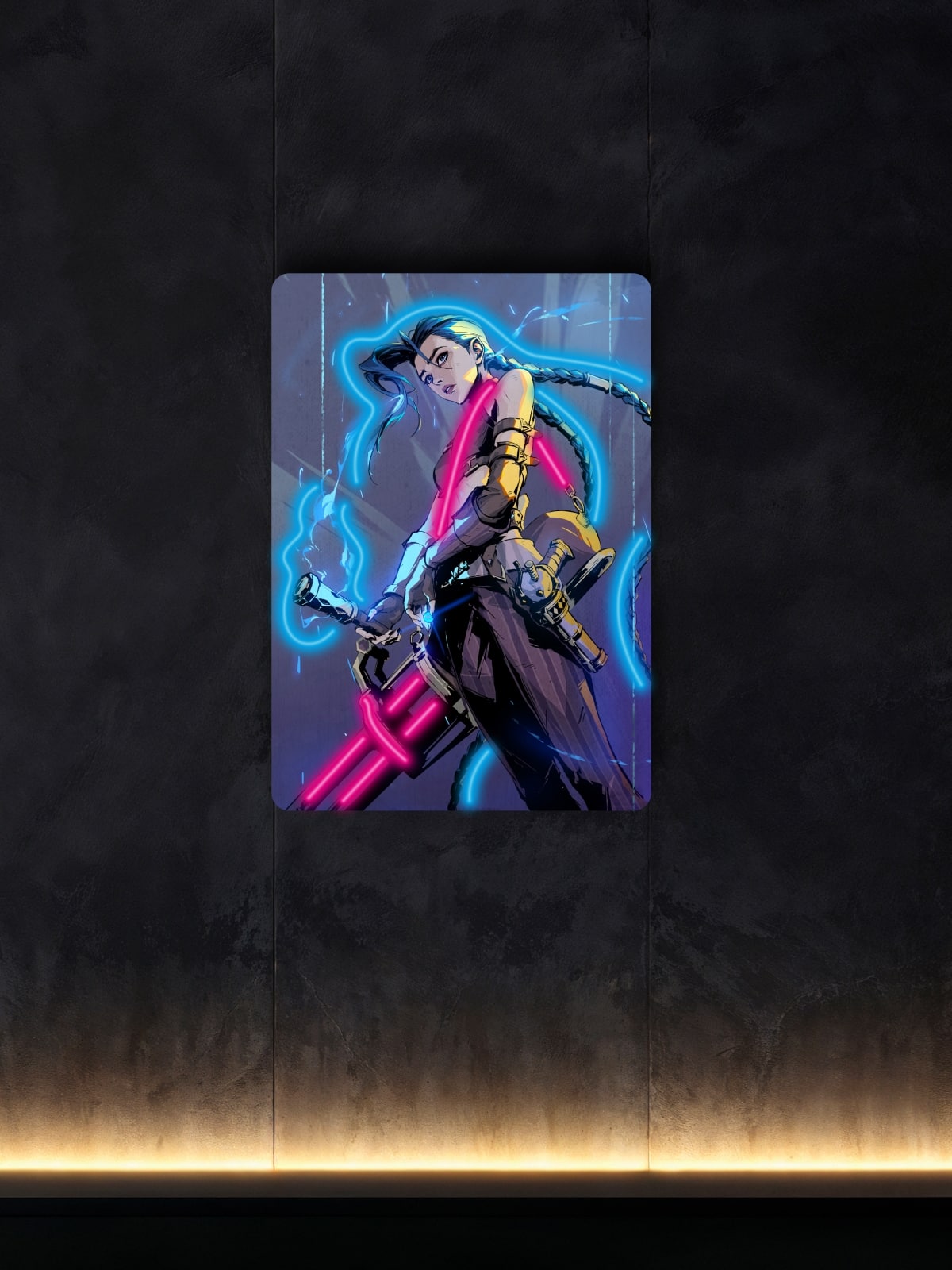 Jinx neon art from Arcane. Explosive visual impact with chaotic charm. Perfect neon wall decor for League of Legends fans and lovers of edgy, animated vibes.