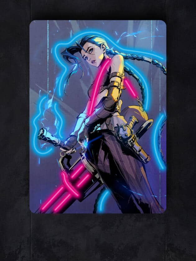 Jinx neon art from Arcane. Explosive visual impact with chaotic charm. Perfect neon wall decor for League of Legends fans and lovers of edgy, animated vibes.