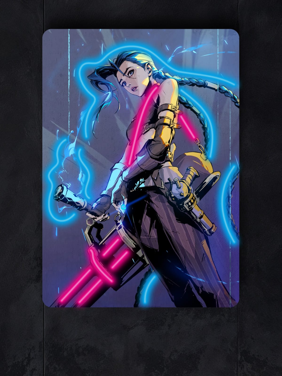 Jinx neon art from Arcane. Explosive visual impact with chaotic charm. Perfect neon wall decor for League of Legends fans and lovers of edgy, animated vibes.